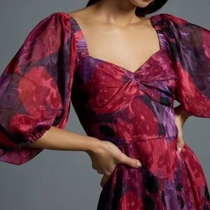 HUTCH | Anthropologie Printed Twist-Front Puff Sleeves Dress XSP Purple Red NWT
